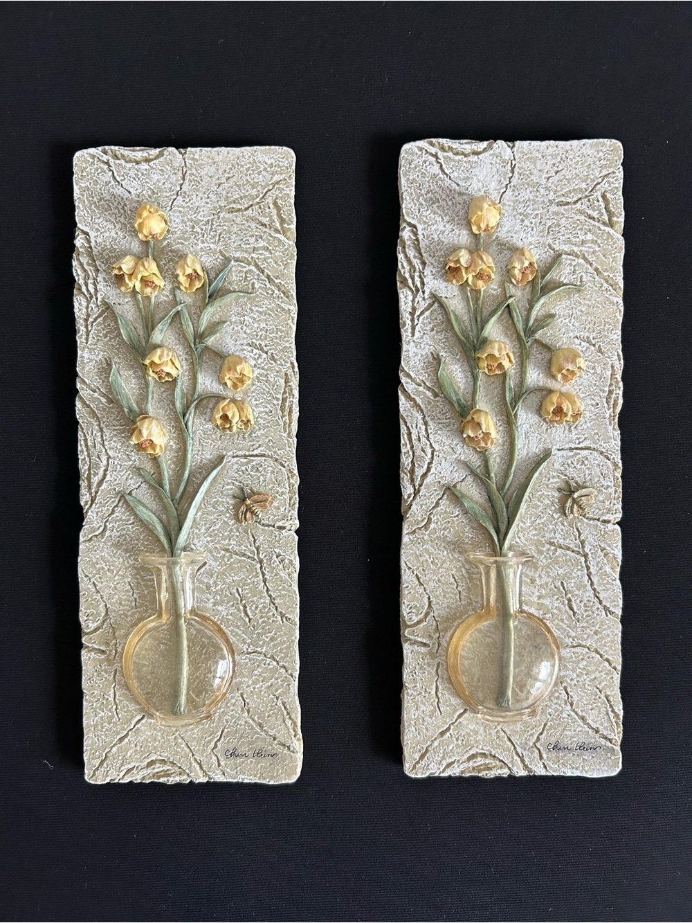 Vintage Cheri Blum Flowers In Vase 3D Wall Art Plaques Set Of 2 Resin Floral